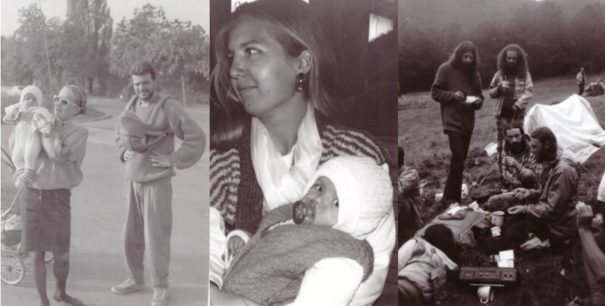 Antonias Eltern im Frühling 1992 mit Baby im Arm und Hippies im Wald.